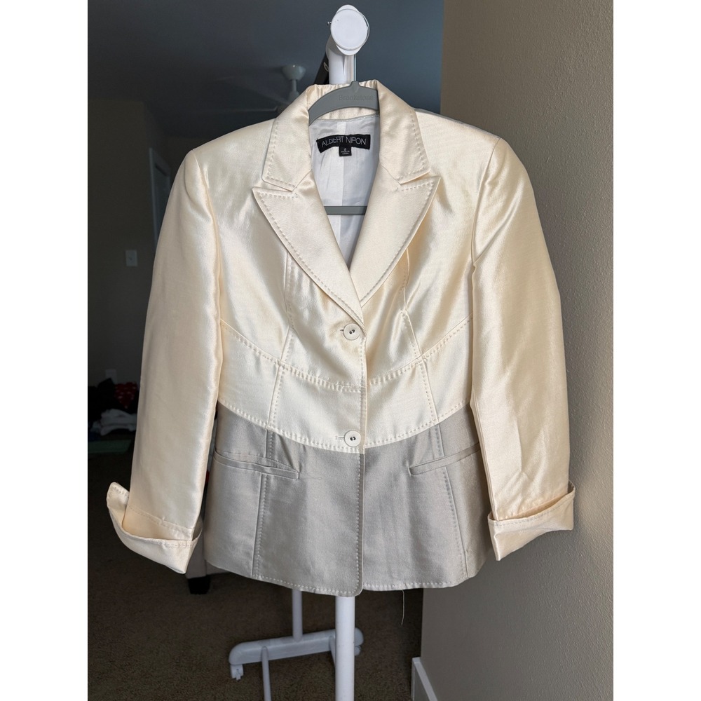 Albert Nipon Blazer Women Cream Gold Wool Silk Colorblock Size 4